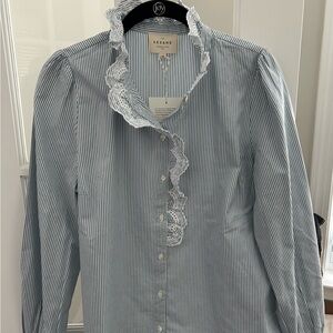 Sézane Blue and White Lace Trim Chlo Shirt/Blouse